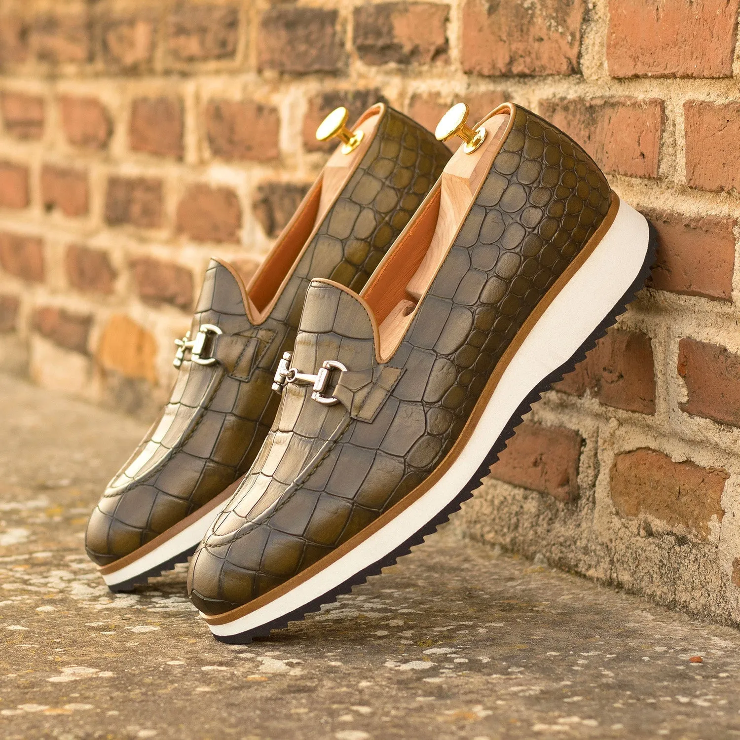 Ambrogio Bespoke Men's Shoes Olive Crocodile Print Leather Horsebit Loafers (AMB2273)