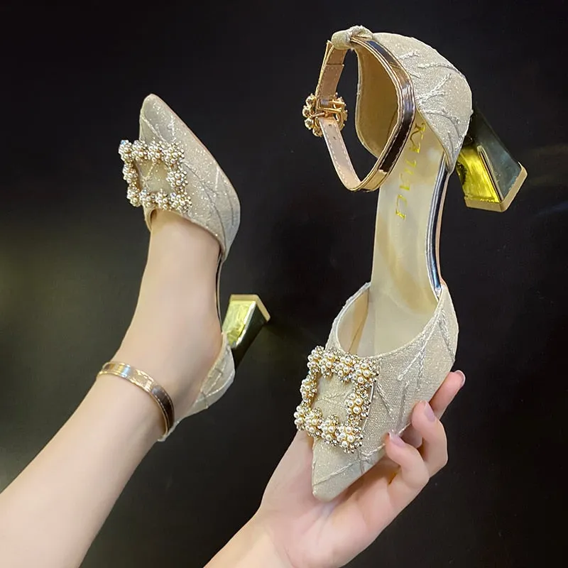 Amozae-Back to College 2024 New High Heels Pearl Shoes Women Pointed Toe Ankle Buckle Strap Party Dress Pumps Ladies Zapatos De Mujer Plataforma 34-40