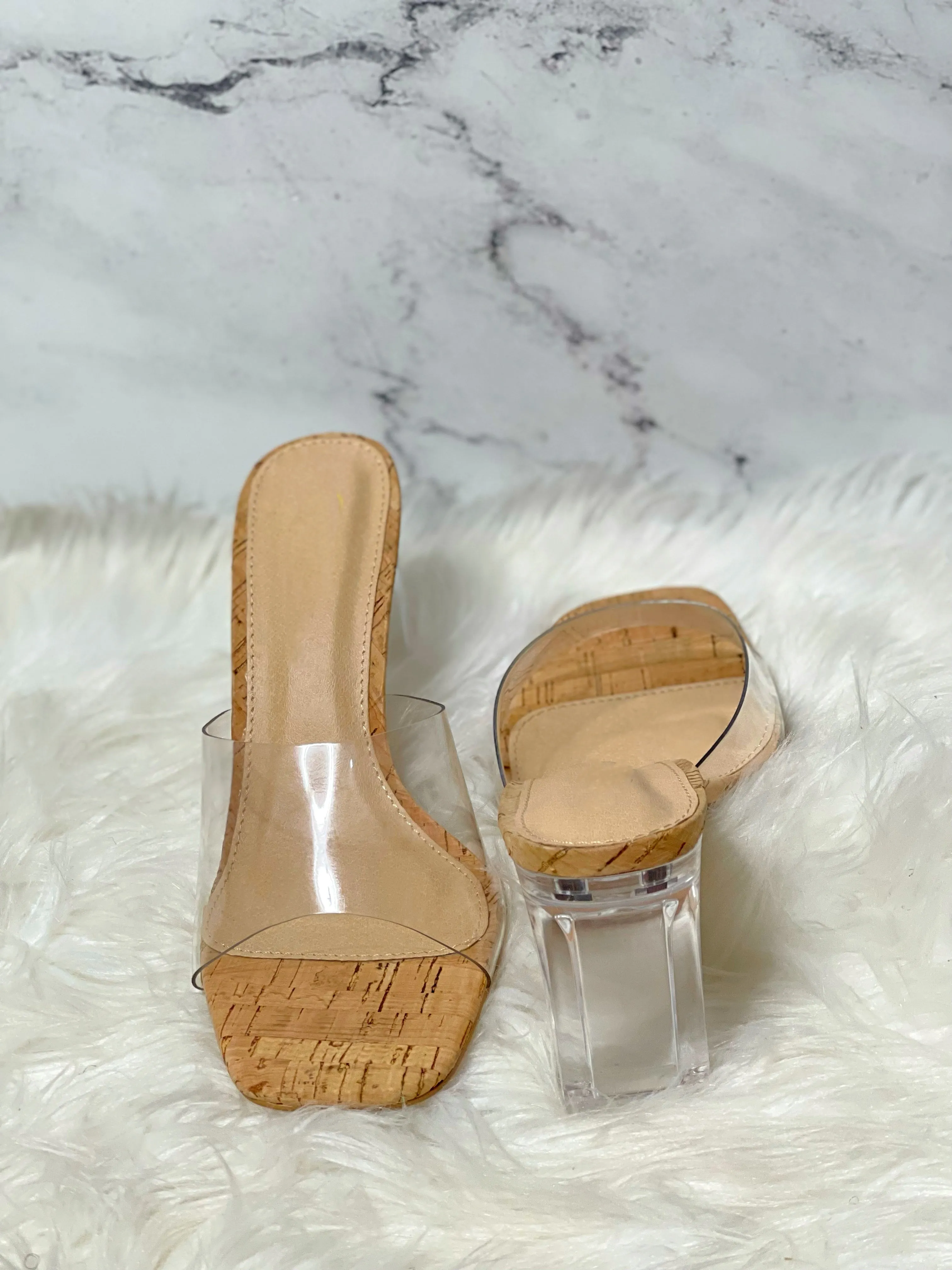 Barely There Clear Slide In Chunky Heels-Cork