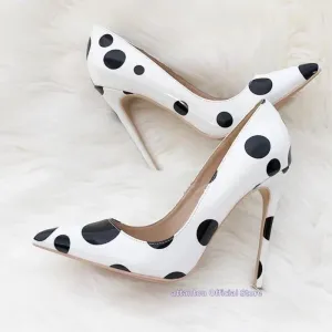Black Dots Printed Pattern Slip On Women White Thin High Heel Shoes