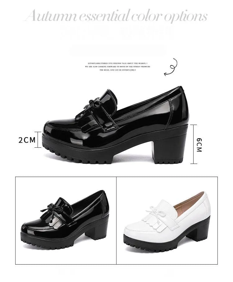 Bowknot Slip On Tassels Thick Heels Vintage Fashion Shoes