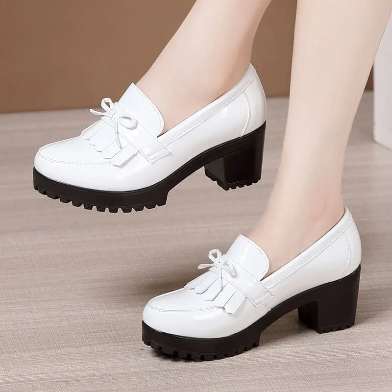 Bowknot Slip On Tassels Thick Heels Vintage Fashion Shoes