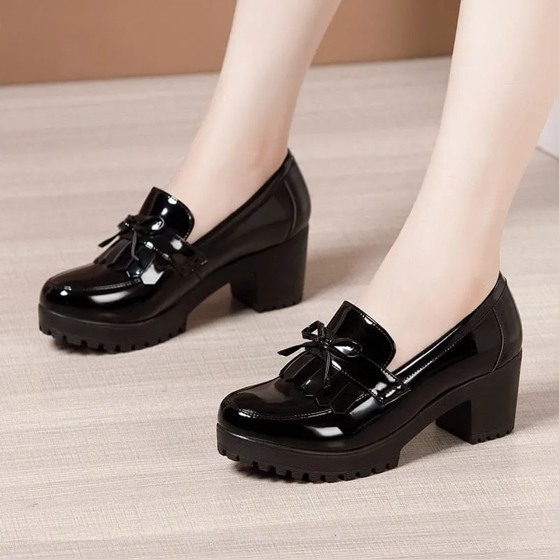 Bowknot Slip On Tassels Thick Heels Vintage Fashion Shoes