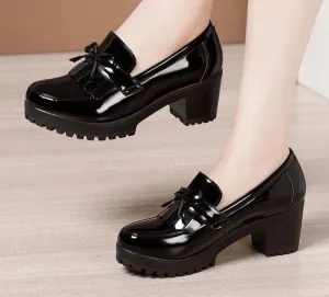 Bowknot Slip On Tassels Thick Heels Vintage Fashion Shoes