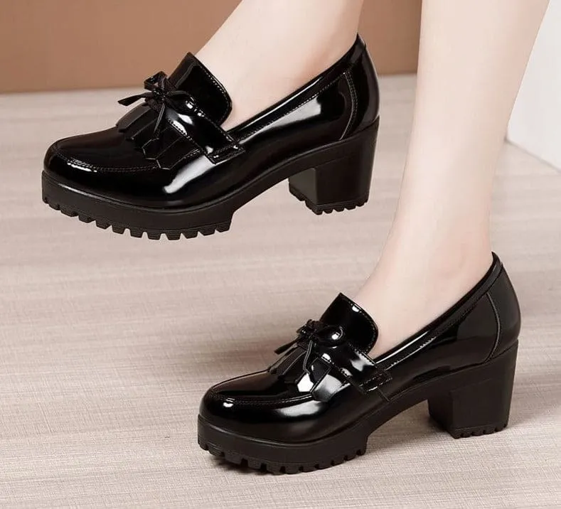 Bowknot Slip On Tassels Thick Heels Vintage Fashion Shoes