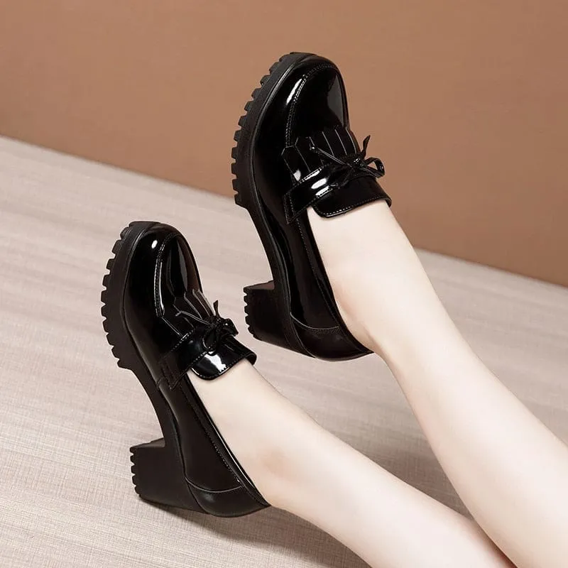 Bowknot Slip On Tassels Thick Heels Vintage Fashion Shoes