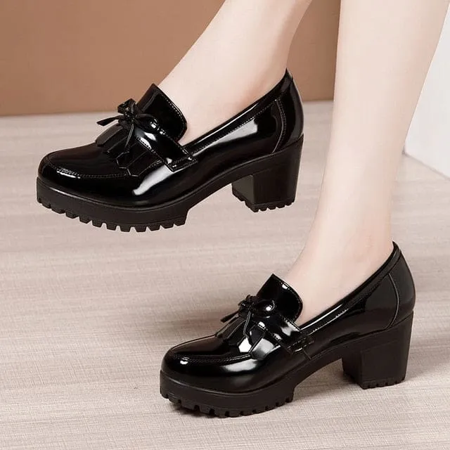 Bowknot Slip On Tassels Thick Heels Vintage Fashion Shoes