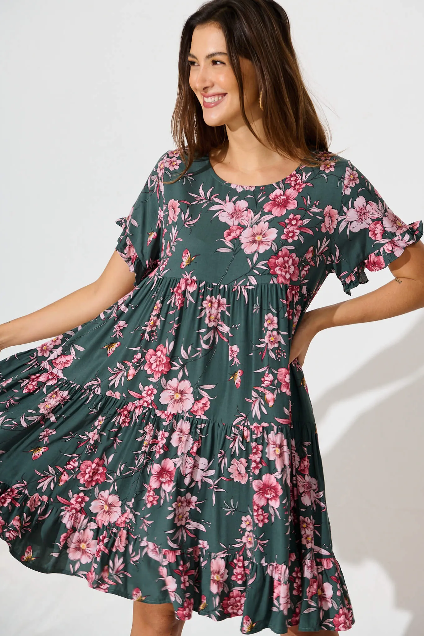 Carisse Smock Dress In Khaki With Pink Floral