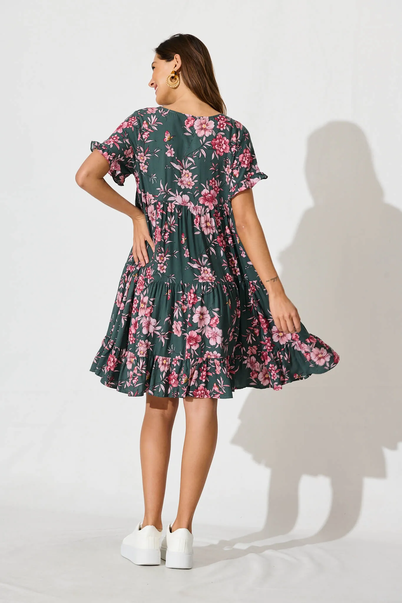Carisse Smock Dress In Khaki With Pink Floral