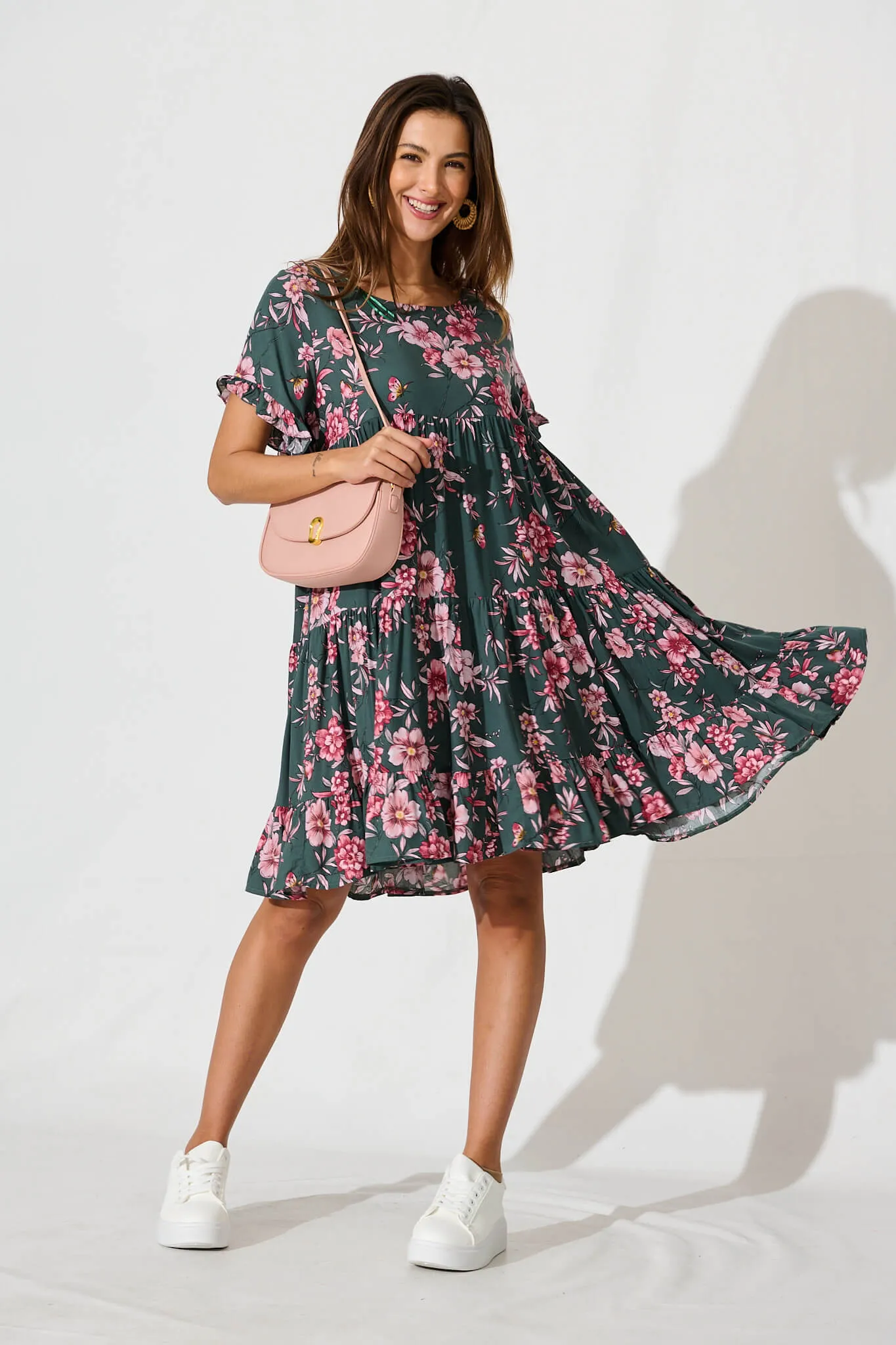 Carisse Smock Dress In Khaki With Pink Floral