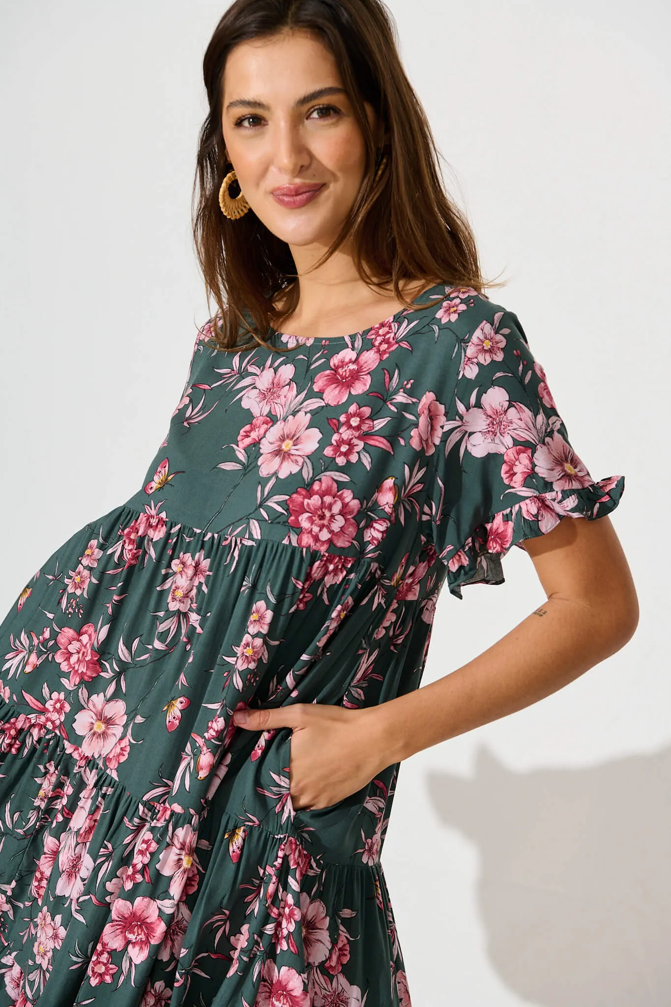 Carisse Smock Dress In Khaki With Pink Floral