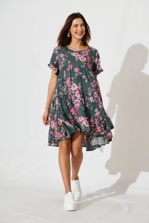 Carisse Smock Dress In Khaki With Pink Floral