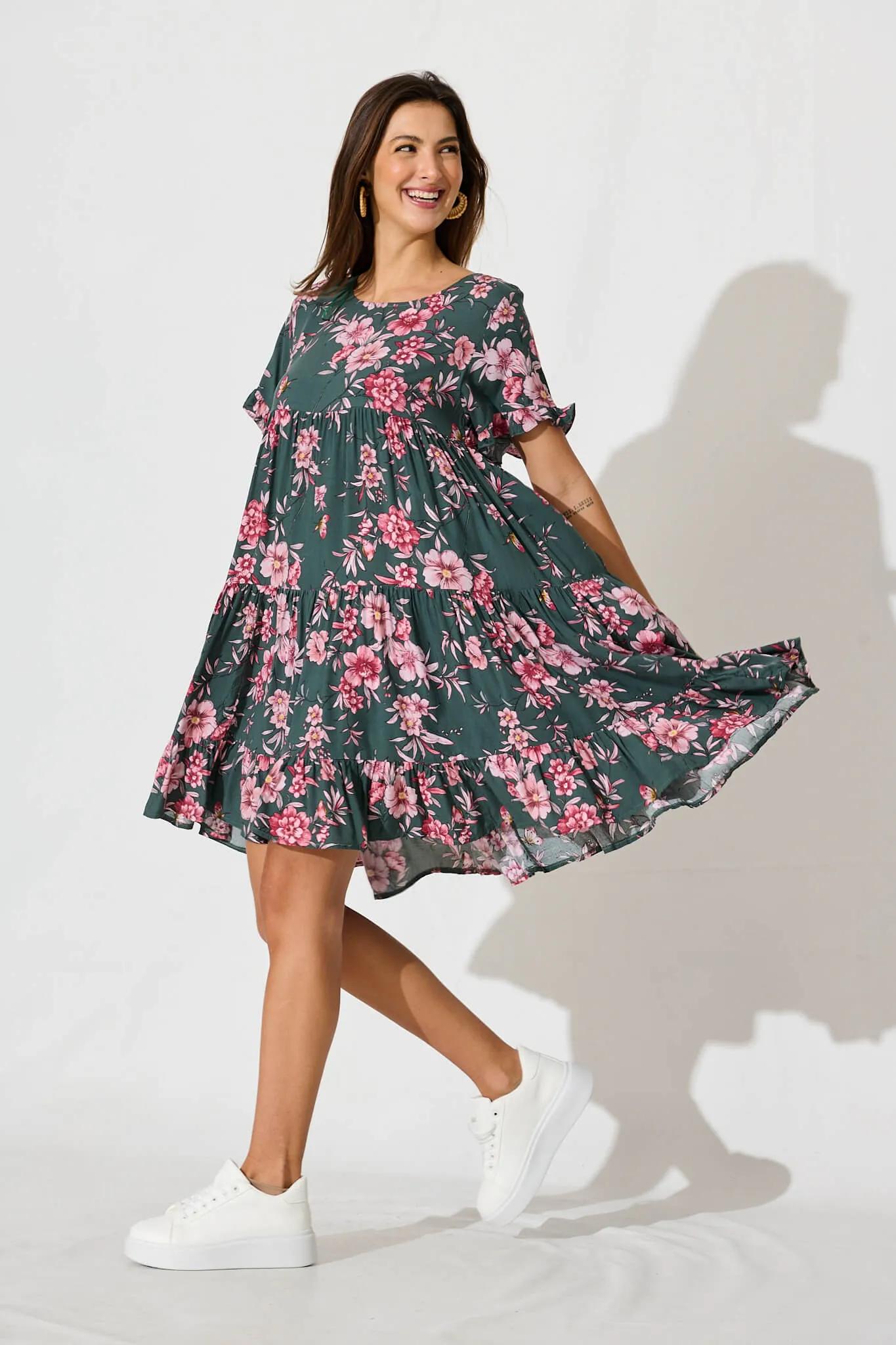 Carisse Smock Dress In Khaki With Pink Floral