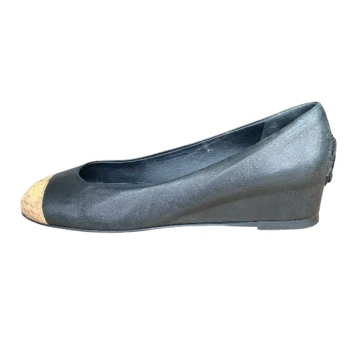 CHANEL Black Leather Cork Cap Toe Wedge Low Heel Pumps, Size 38