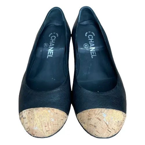 CHANEL Black Leather Cork Cap Toe Wedge Low Heel Pumps, Size 38