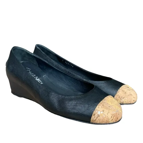 CHANEL Black Leather Cork Cap Toe Wedge Low Heel Pumps, Size 38