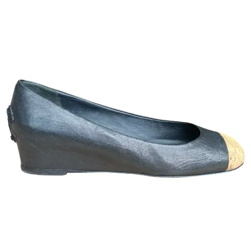 CHANEL Black Leather Cork Cap Toe Wedge Low Heel Pumps, Size 38