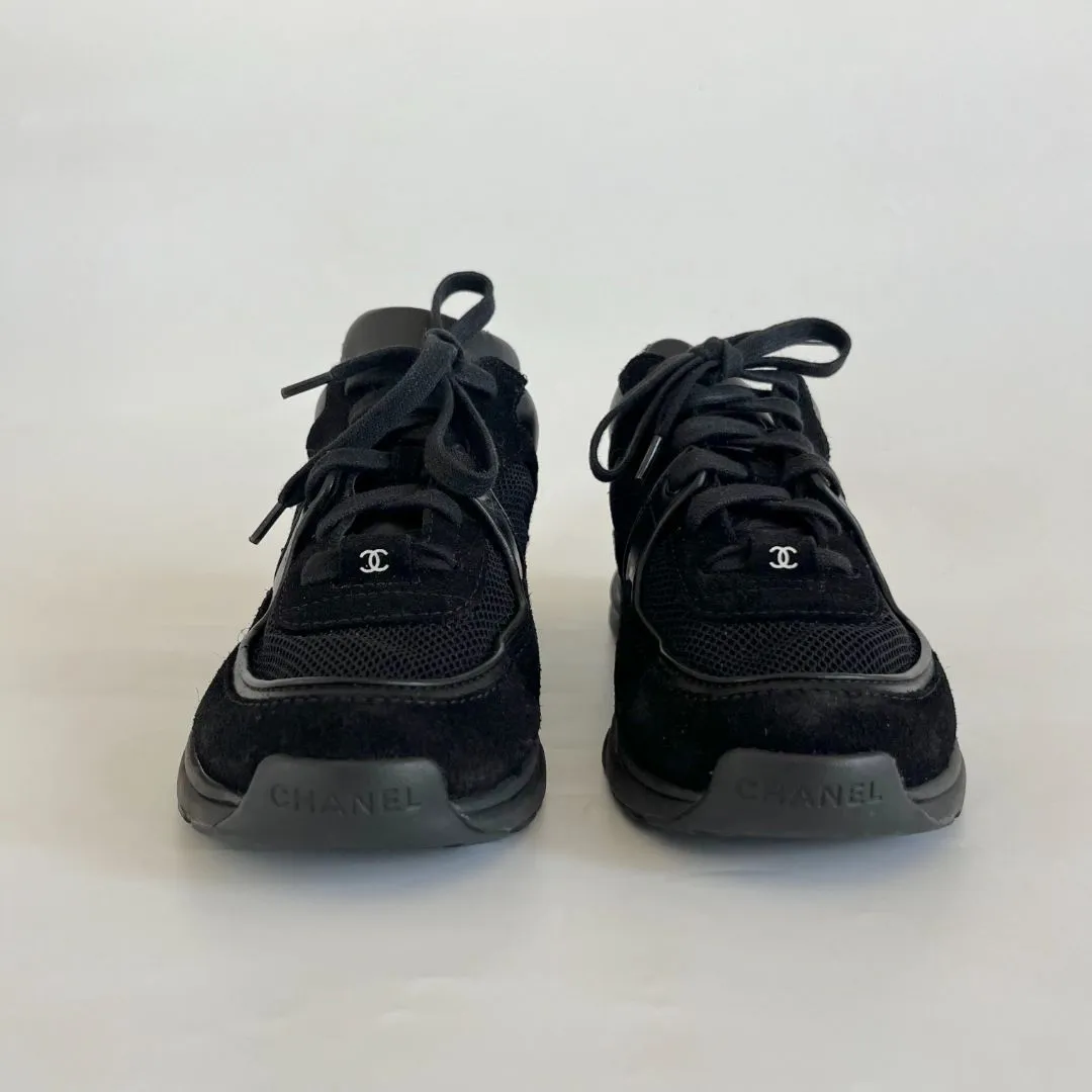Chanel black suede and leather low top lace up sneakers, 37.5