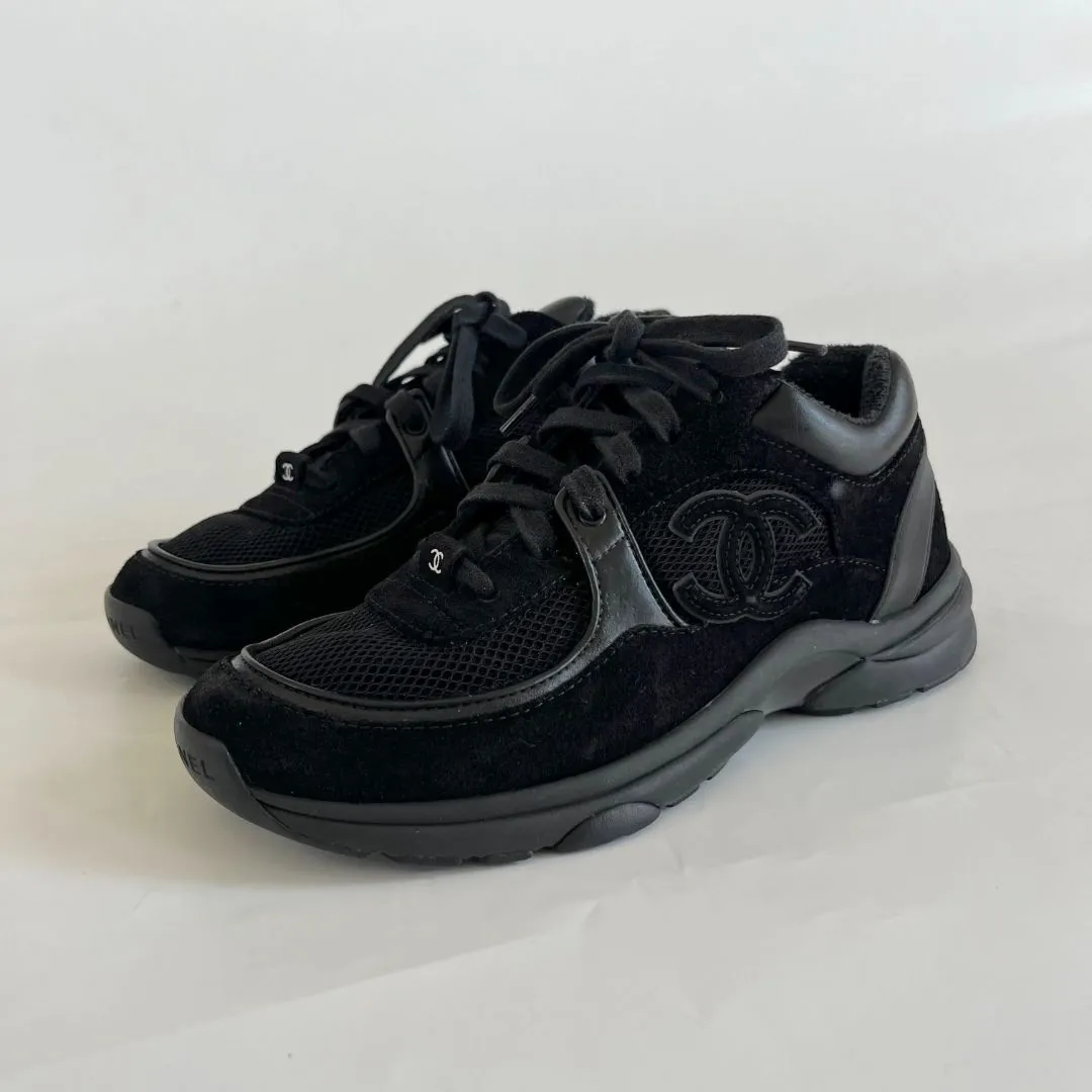 Chanel black suede and leather low top lace up sneakers, 37.5