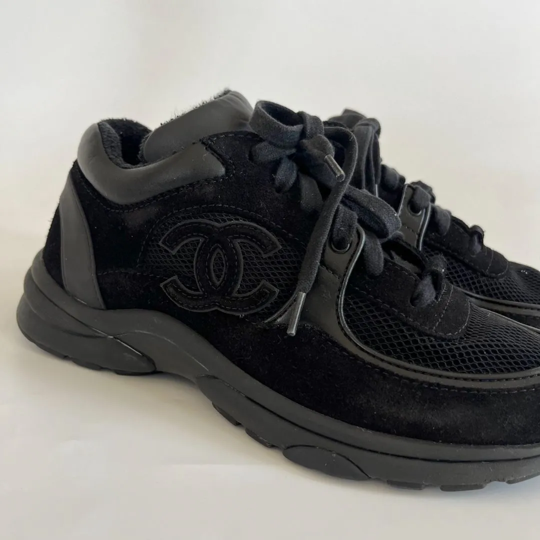 Chanel black suede and leather low top lace up sneakers, 37.5