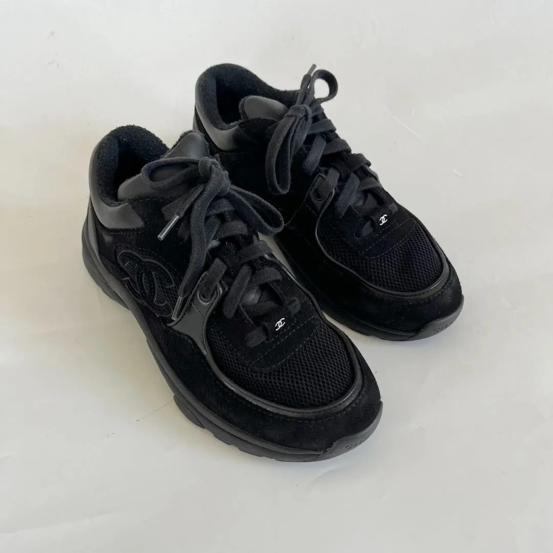 Chanel black suede and leather low top lace up sneakers, 37.5