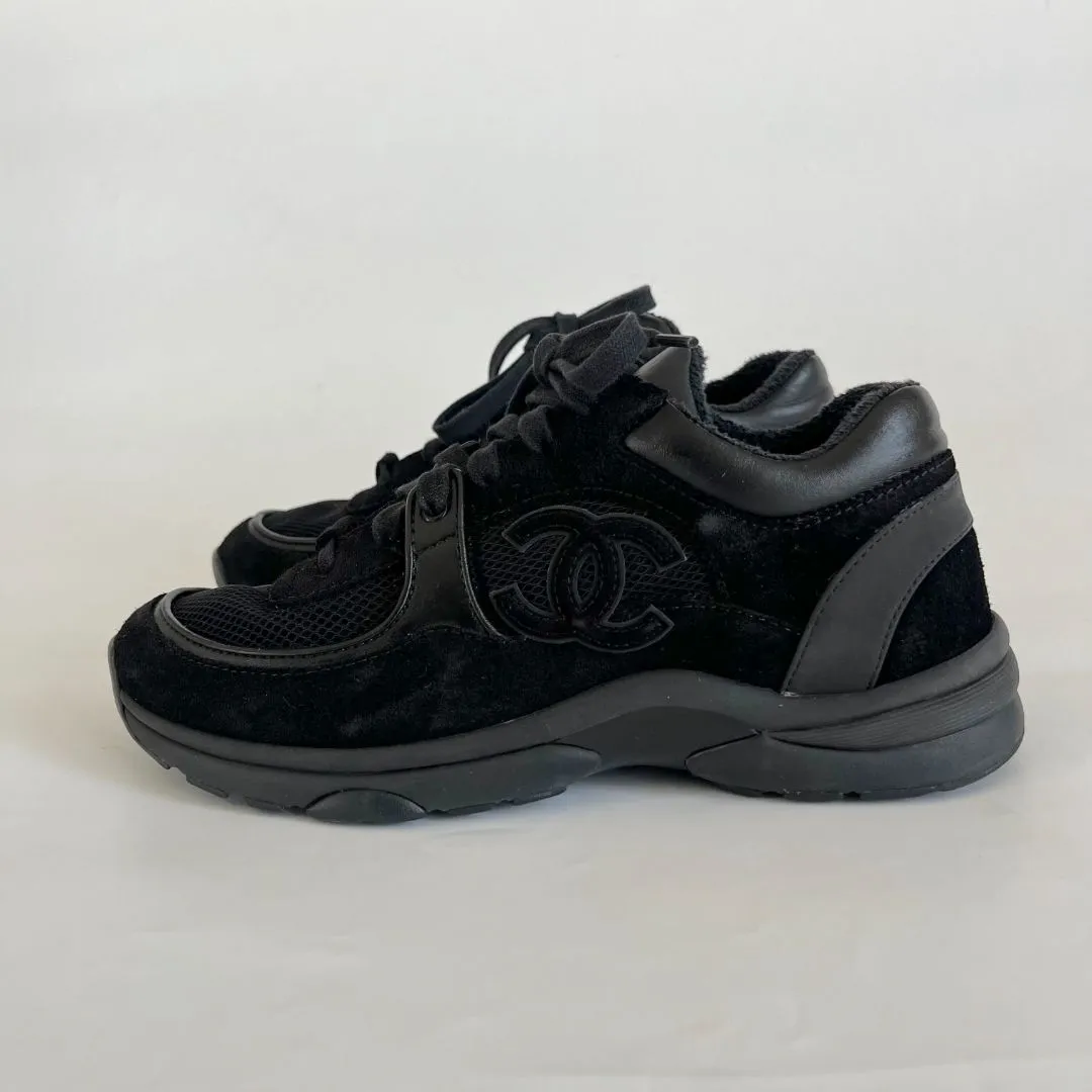 Chanel black suede and leather low top lace up sneakers, 37.5