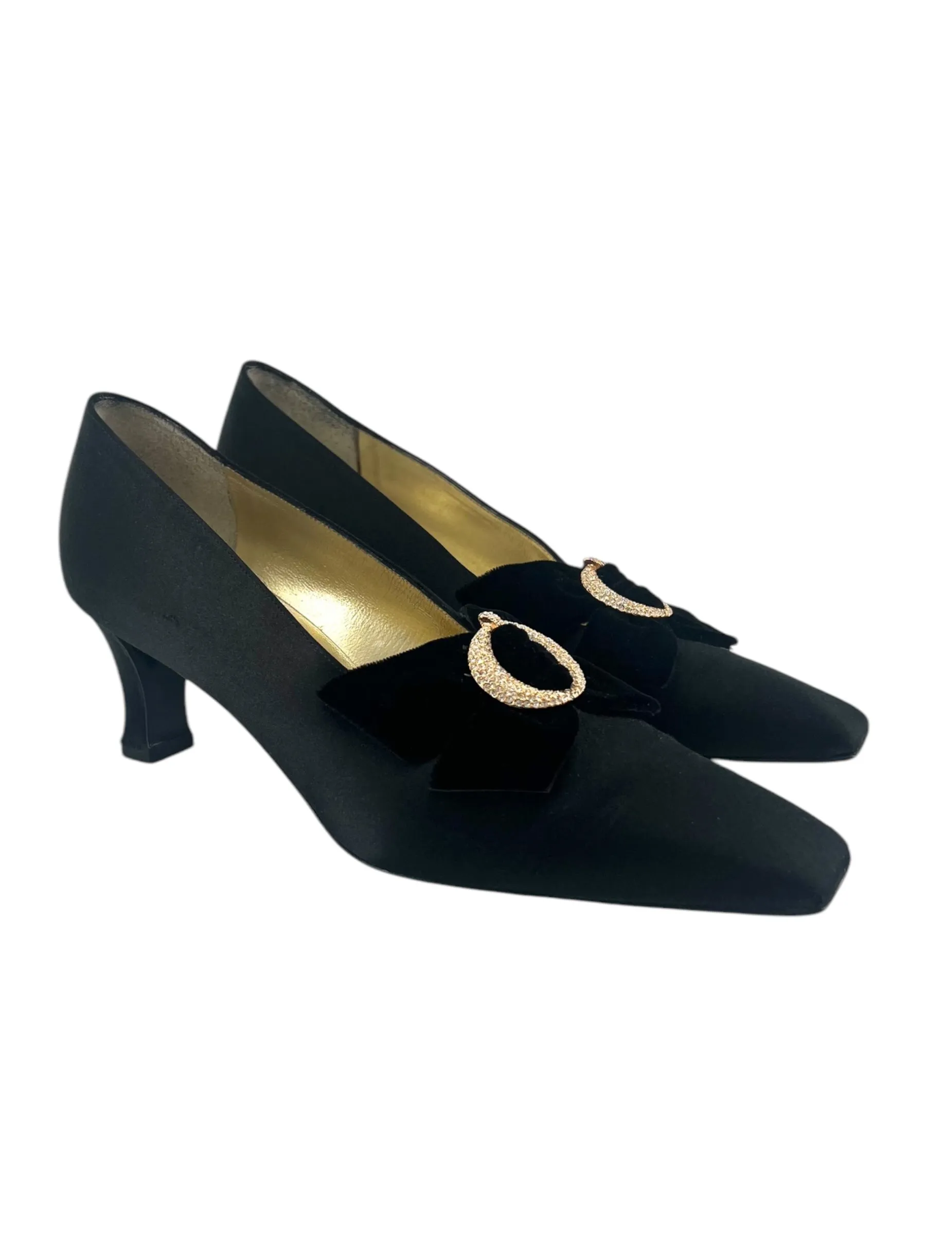 Christian Dior 70s Black Satin Velvet Rhinestone Buckle Pumps, 8 1/2