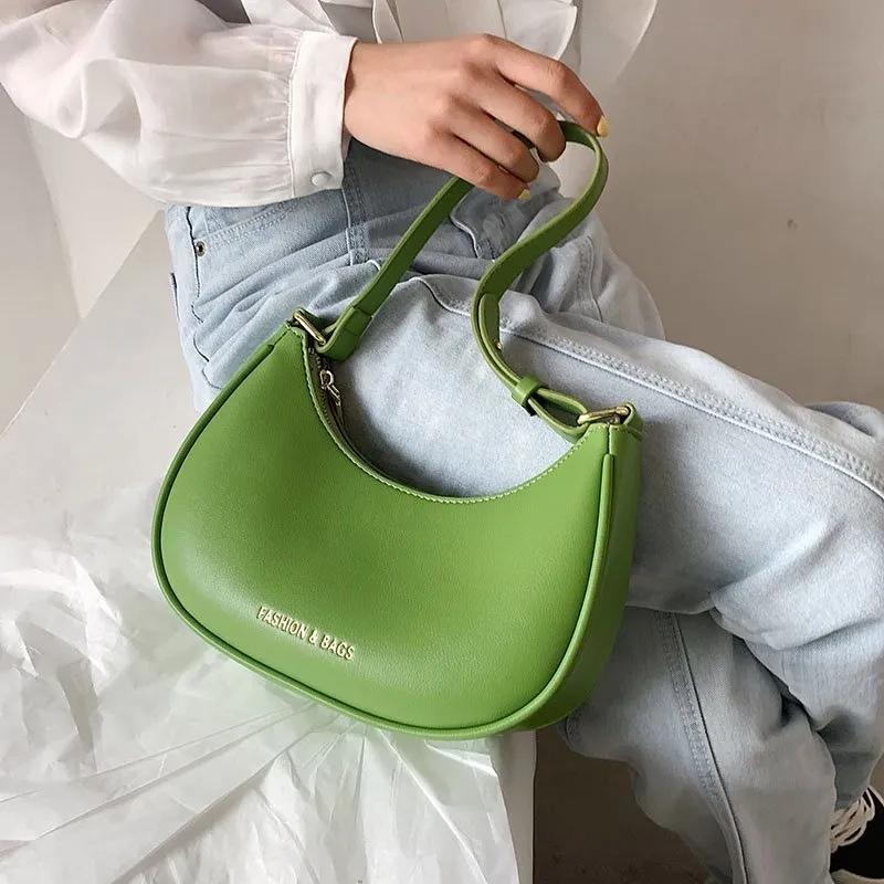 Christmas Gift Half-Moon Small Green Shoulder Underarm Bags for Women 2021 New High-quality PU Leather Baguette Handbag Luxury Brand Tote