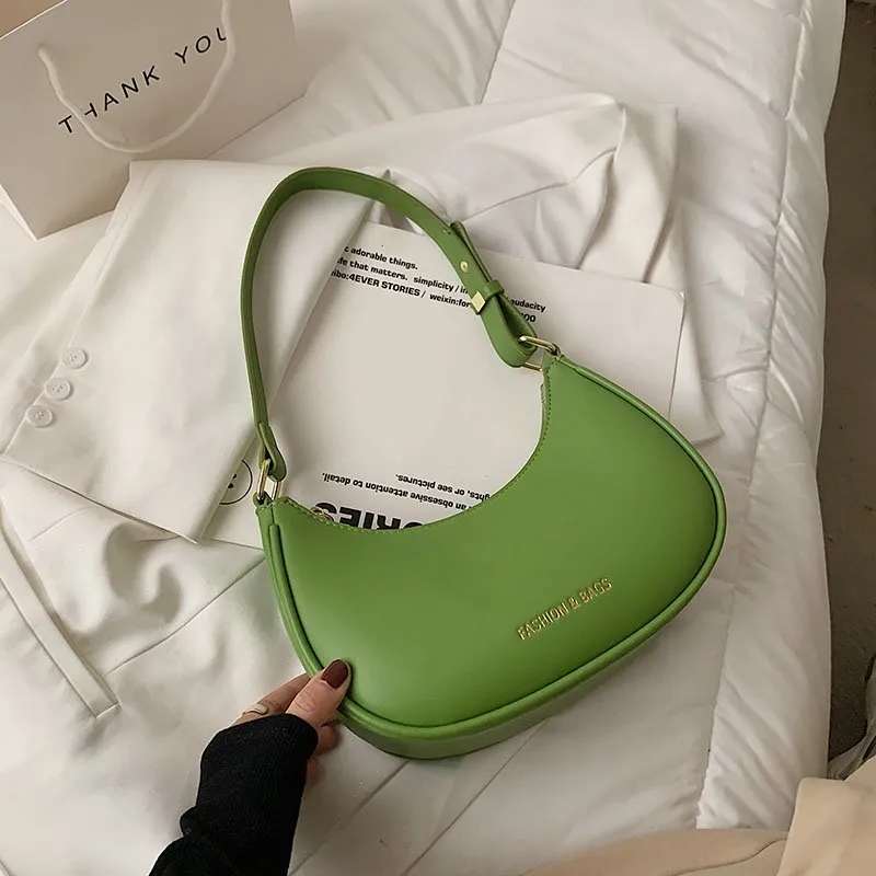 Christmas Gift Half-Moon Small Green Shoulder Underarm Bags for Women 2021 New High-quality PU Leather Baguette Handbag Luxury Brand Tote