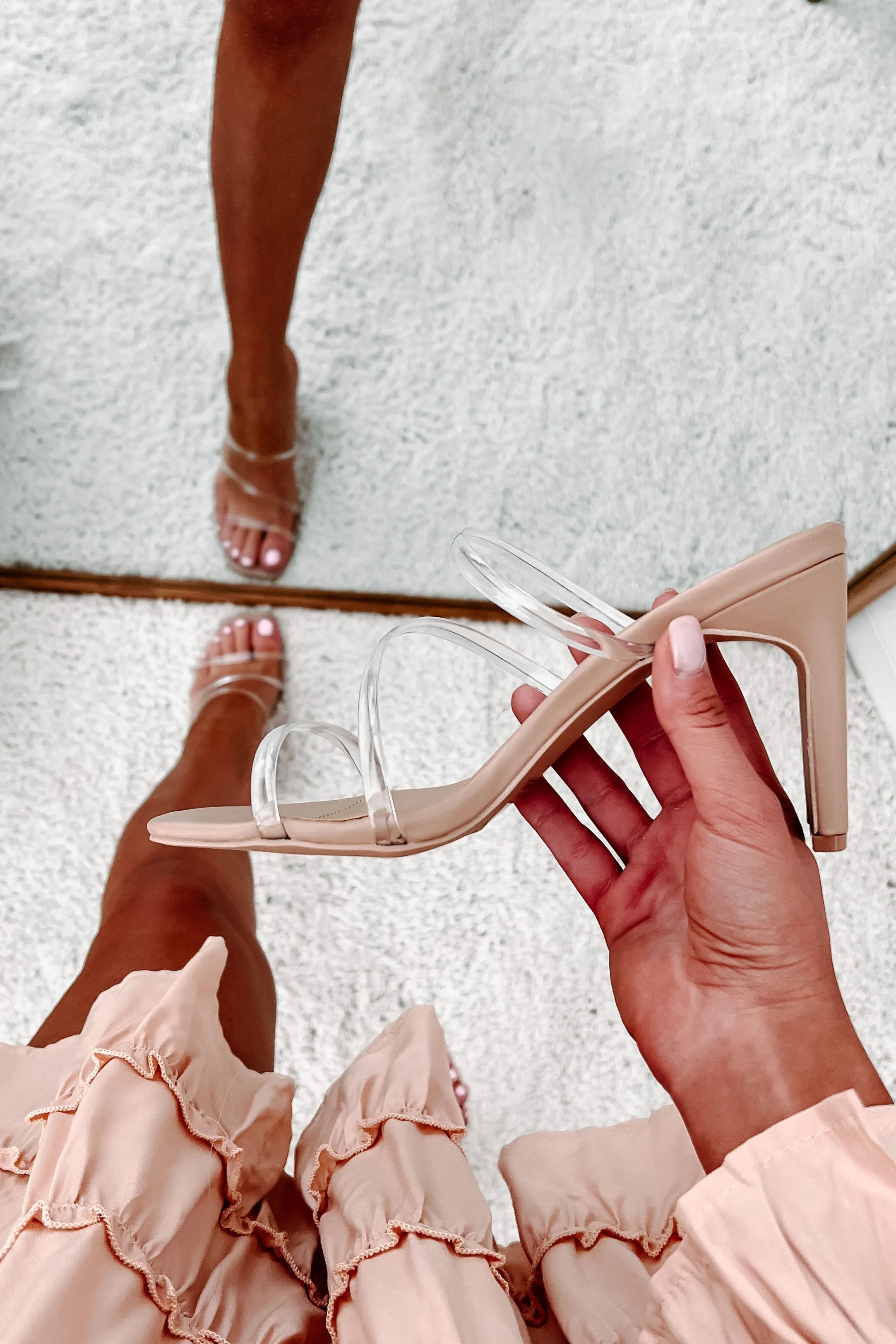 Done Deal Clear Strap Square Toe Heels (Clear/Nude)