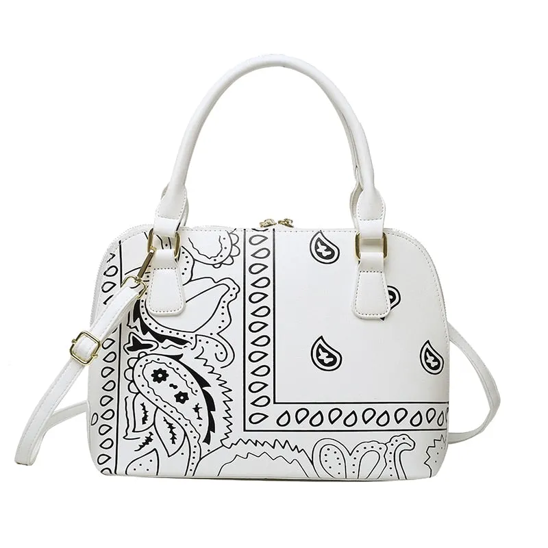 Fashion Designer Cashew Flower Printing Bandana Purse Female Shell Hand Bags Hobo Ladies Luxury Handbags for Women  Big PU Tote