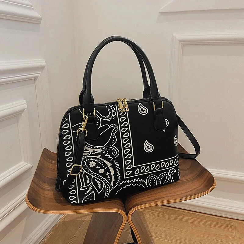 Fashion Designer Cashew Flower Printing Bandana Purse Female Shell Hand Bags Hobo Ladies Luxury Handbags for Women  Big PU Tote