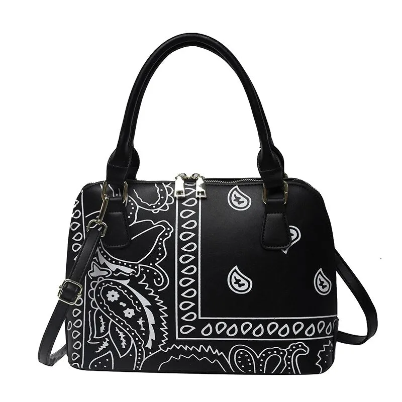 Fashion Designer Cashew Flower Printing Bandana Purse Female Shell Hand Bags Hobo Ladies Luxury Handbags for Women  Big PU Tote