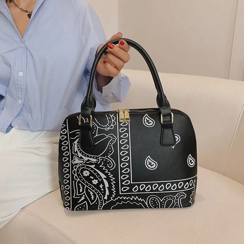 Fashion Designer Cashew Flower Printing Bandana Purse Female Shell Hand Bags Hobo Ladies Luxury Handbags for Women  Big PU Tote
