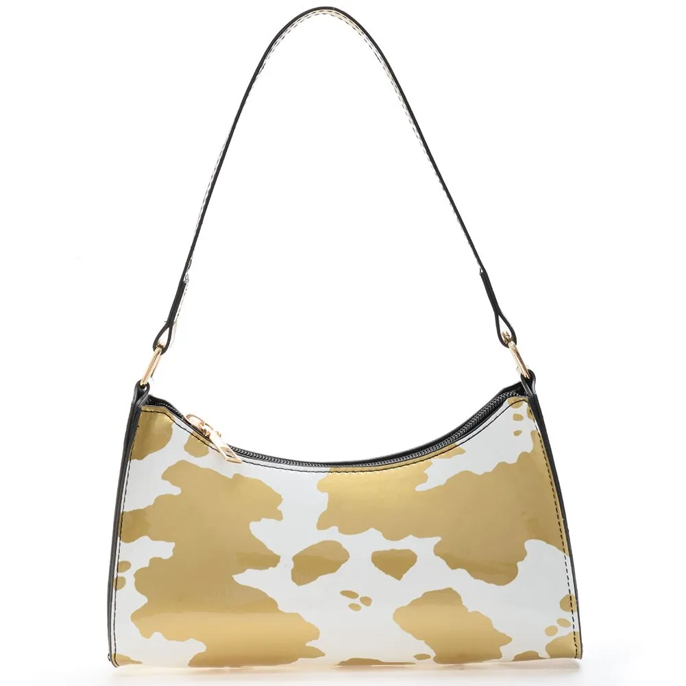 Fashion Women Cow Pattern Printing Patent Shoulder Bags PU Leather Underarm Bag Casual Ladies Top-handle Hobos Handbags Purse