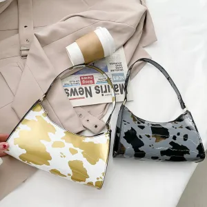 Fashion Women Cow Pattern Printing Patent Shoulder Bags PU Leather Underarm Bag Casual Ladies Top-handle Hobos Handbags Purse