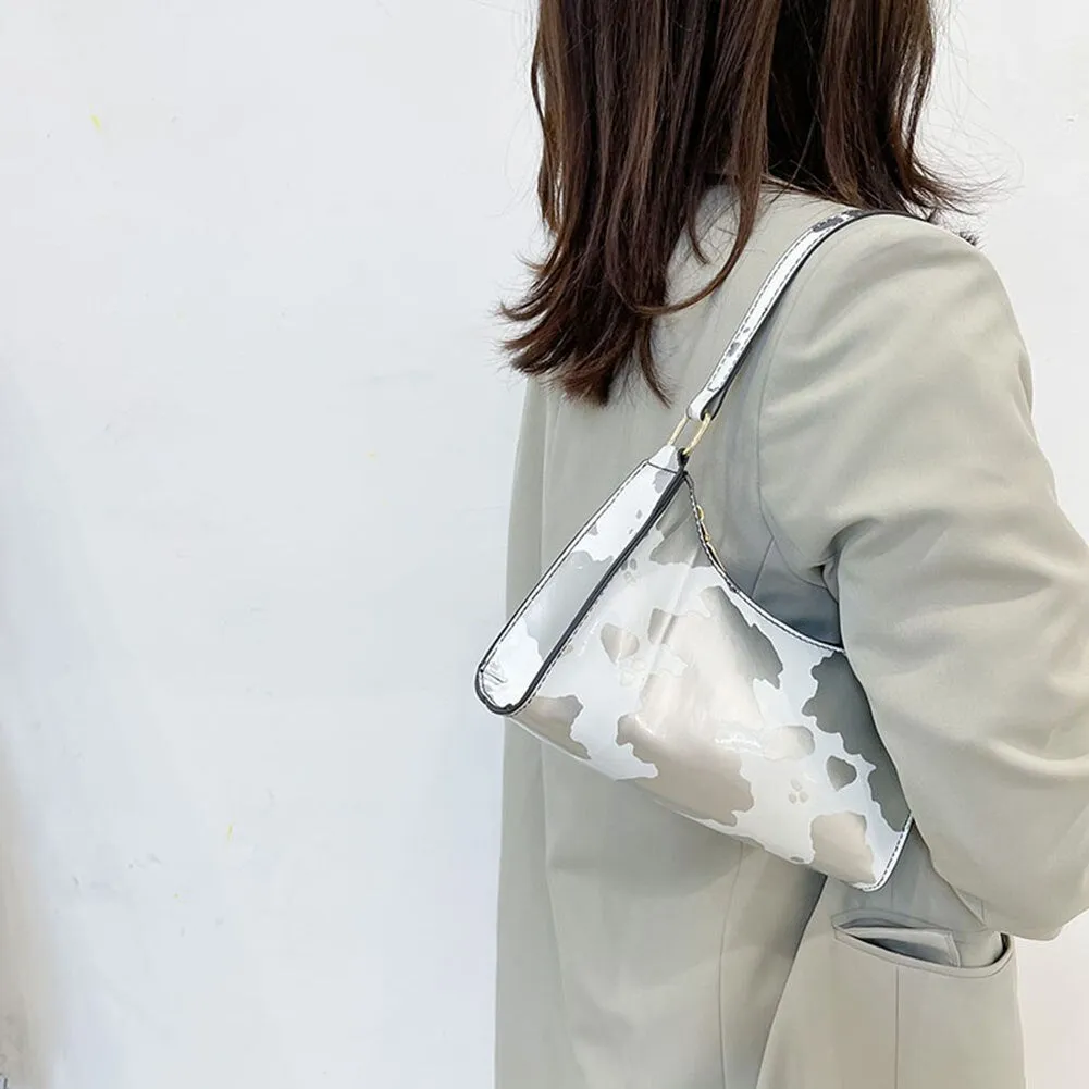 Fashion Women Cow Pattern Printing Patent Shoulder Bags PU Leather Underarm Bag Casual Ladies Top-handle Hobos Handbags Purse