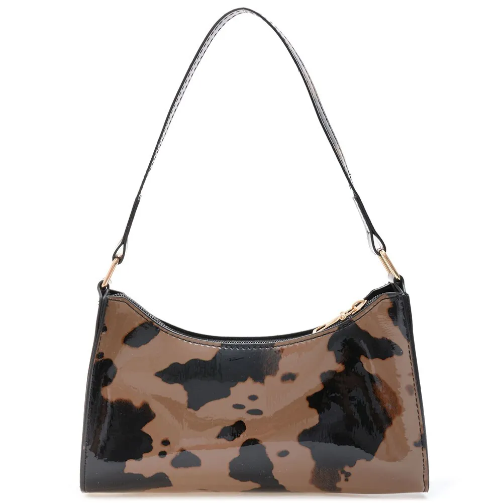 Fashion Women Cow Pattern Printing Patent Shoulder Bags PU Leather Underarm Bag Casual Ladies Top-handle Hobos Handbags Purse