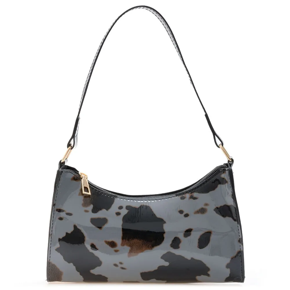 Fashion Women Cow Pattern Printing Patent Shoulder Bags PU Leather Underarm Bag Casual Ladies Top-handle Hobos Handbags Purse