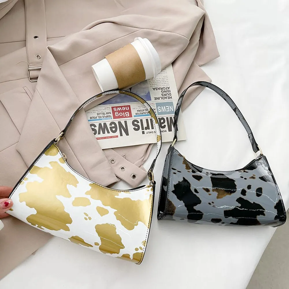 Fashion Women Cow Pattern Printing Patent Shoulder Bags PU Leather Underarm Bag Casual Ladies Top-handle Hobos Handbags Purse