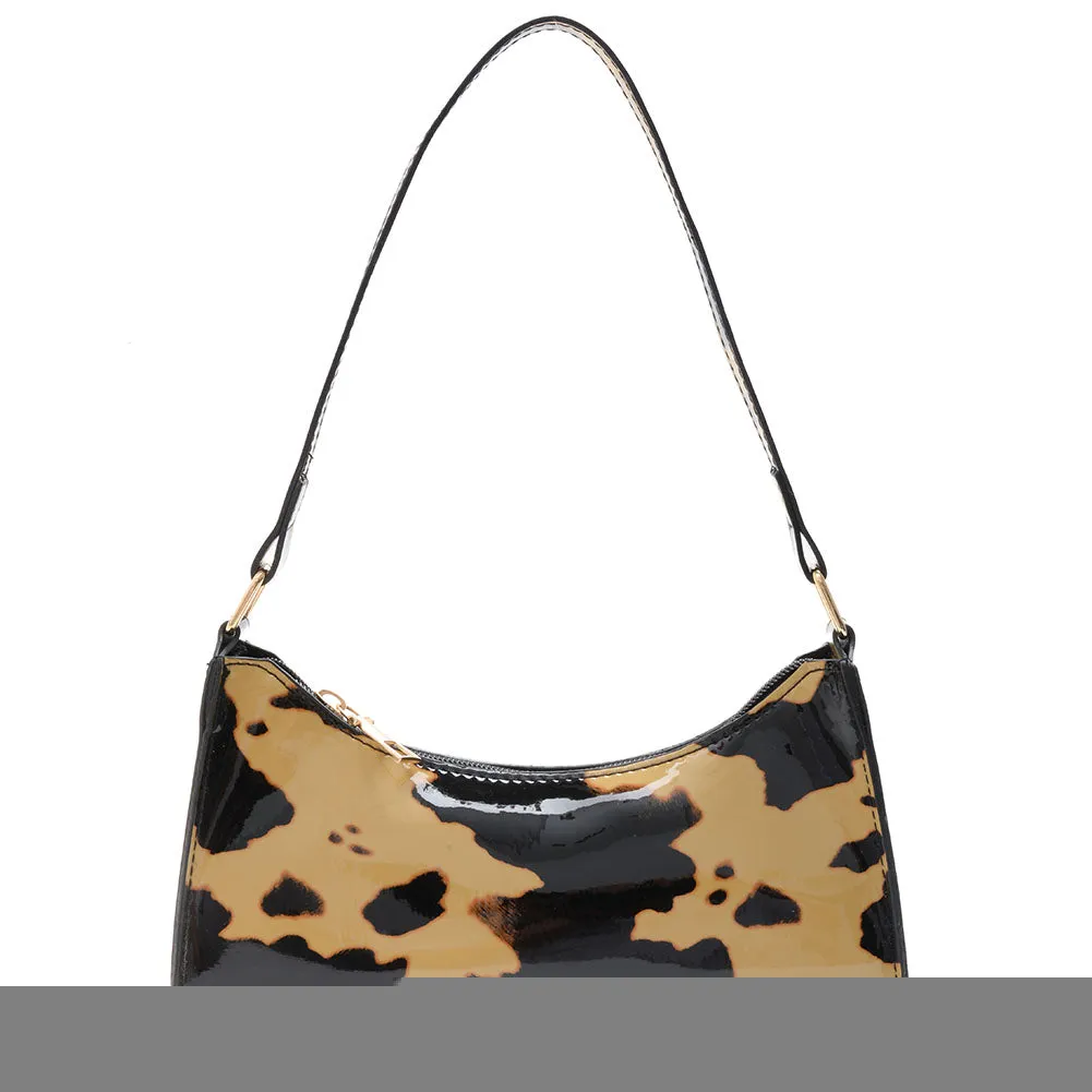 Fashion Women Cow Pattern Printing Patent Shoulder Bags PU Leather Underarm Bag Casual Ladies Top-handle Hobos Handbags Purse