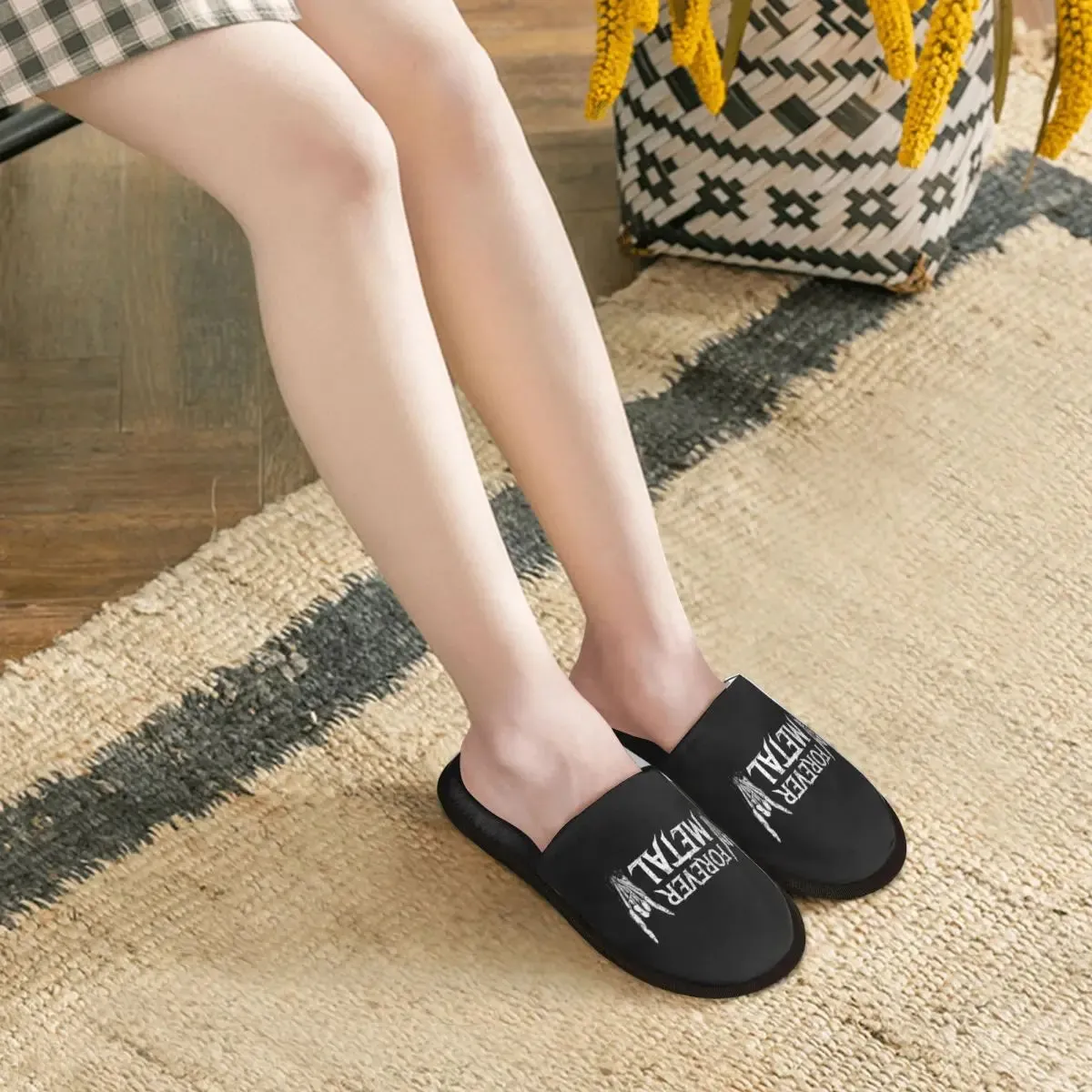 Forever Metal Skull Slippers | Death Rock Memory Foam Indoor Shoes | Cozy Goth Gift for Women