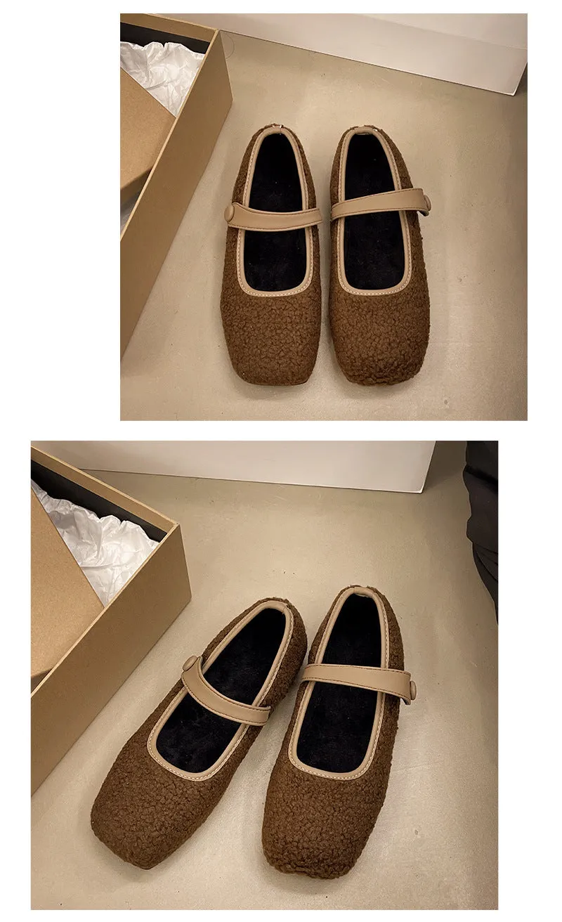 French retro square head plush loafers