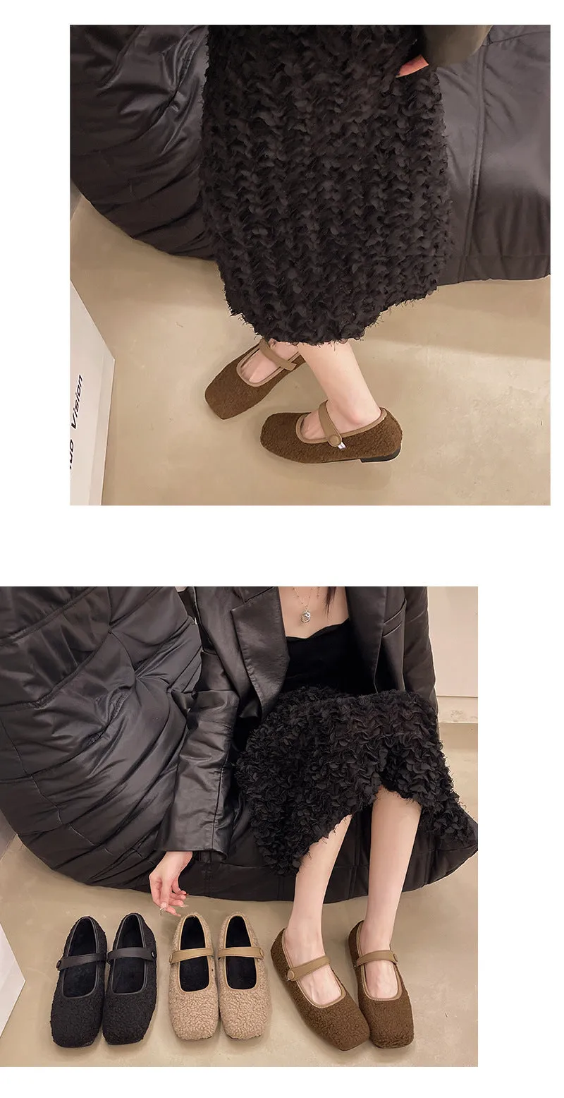 French retro square head plush loafers