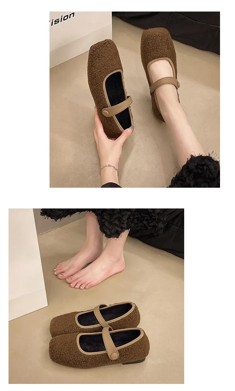French retro square head plush loafers