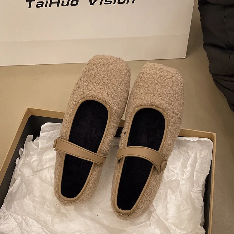 French retro square head plush loafers