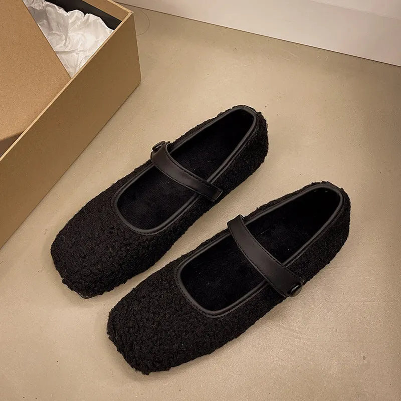 French retro square head plush loafers