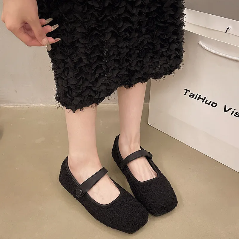 French retro square head plush loafers