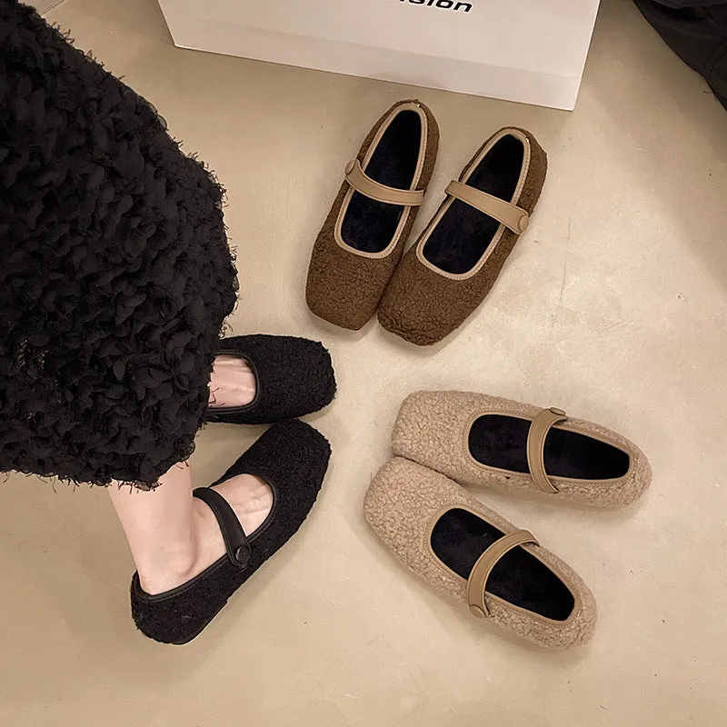 French retro square head plush loafers
