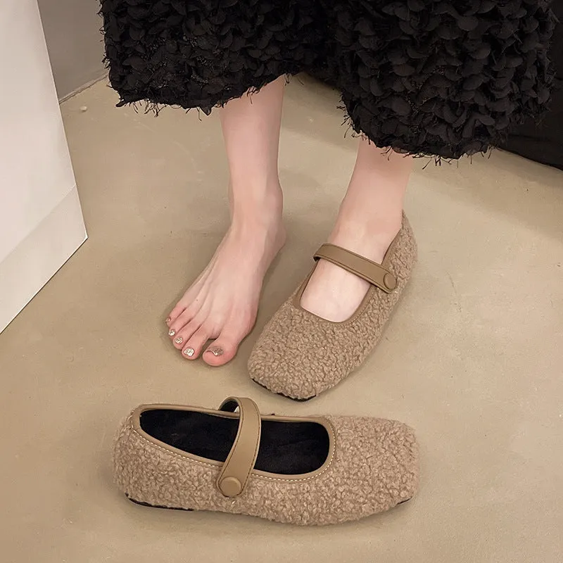 French retro square head plush loafers